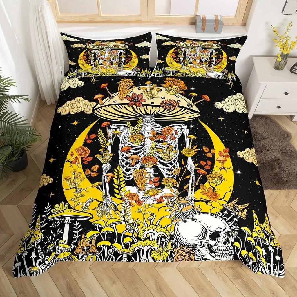 Gotisches Zuckerschädel Knochen Bettwäsche Set Skelett Hand Bettdecke Bezug Rosenblätter Romantische Blumen