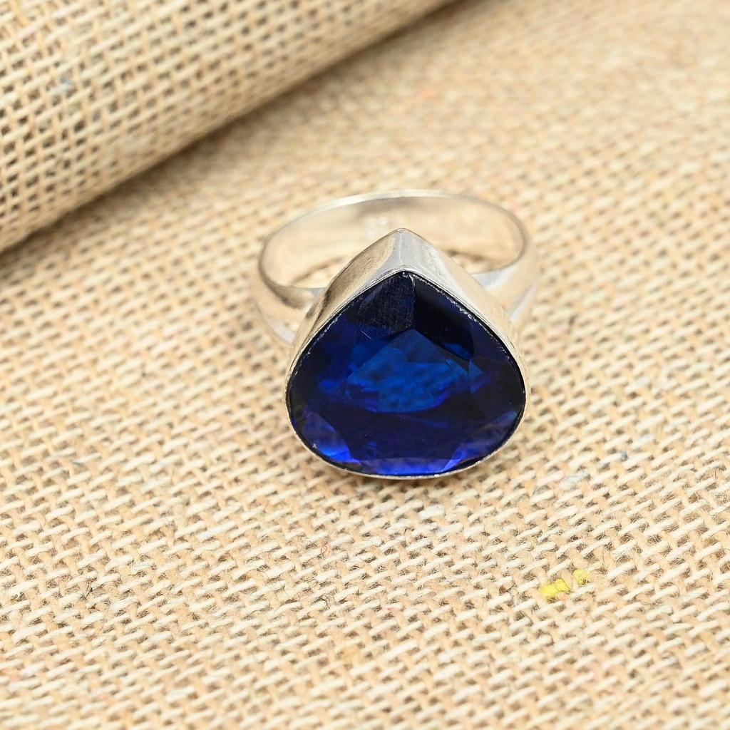 Lab-Created Blue Sapphire Gemstone 925 Solid Silver Jewelry Wedding Ring Gift For Her