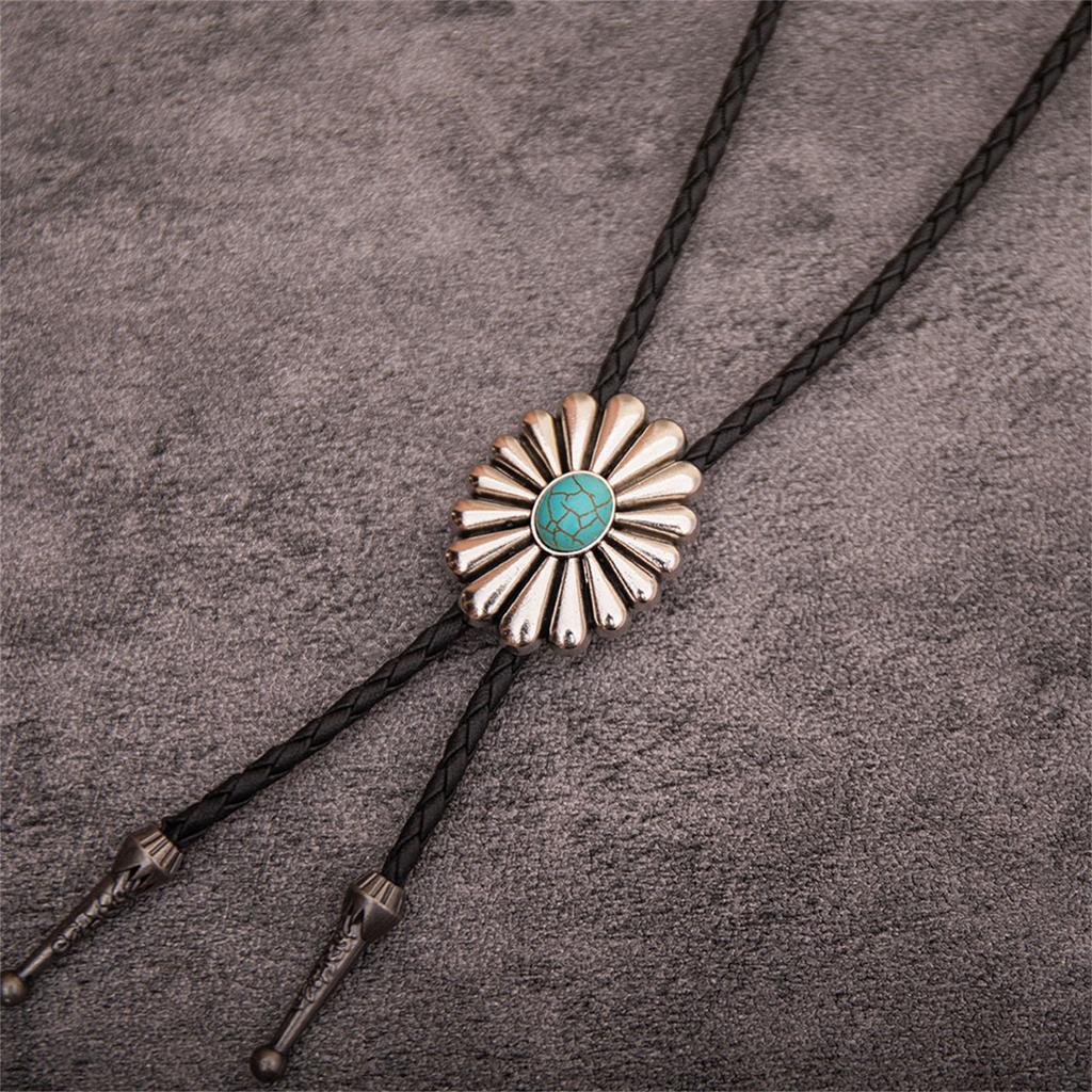 Braided Shoestring Bolo Tie with Large Flower Charm Cowboy Necktie Necklace Country Bolo Tie Cowboy