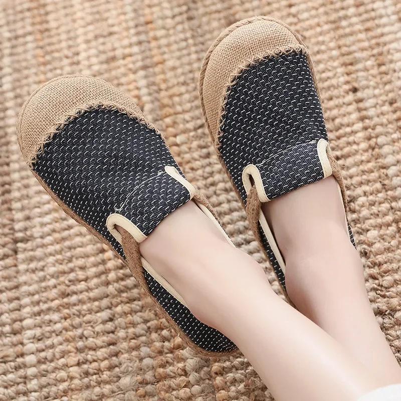 Fashion Women Striped Linen Canvas Flat Shoes Vegan Hemp Comfortable Ladies Casual Espadrilles Loafers Grey Blue 2024