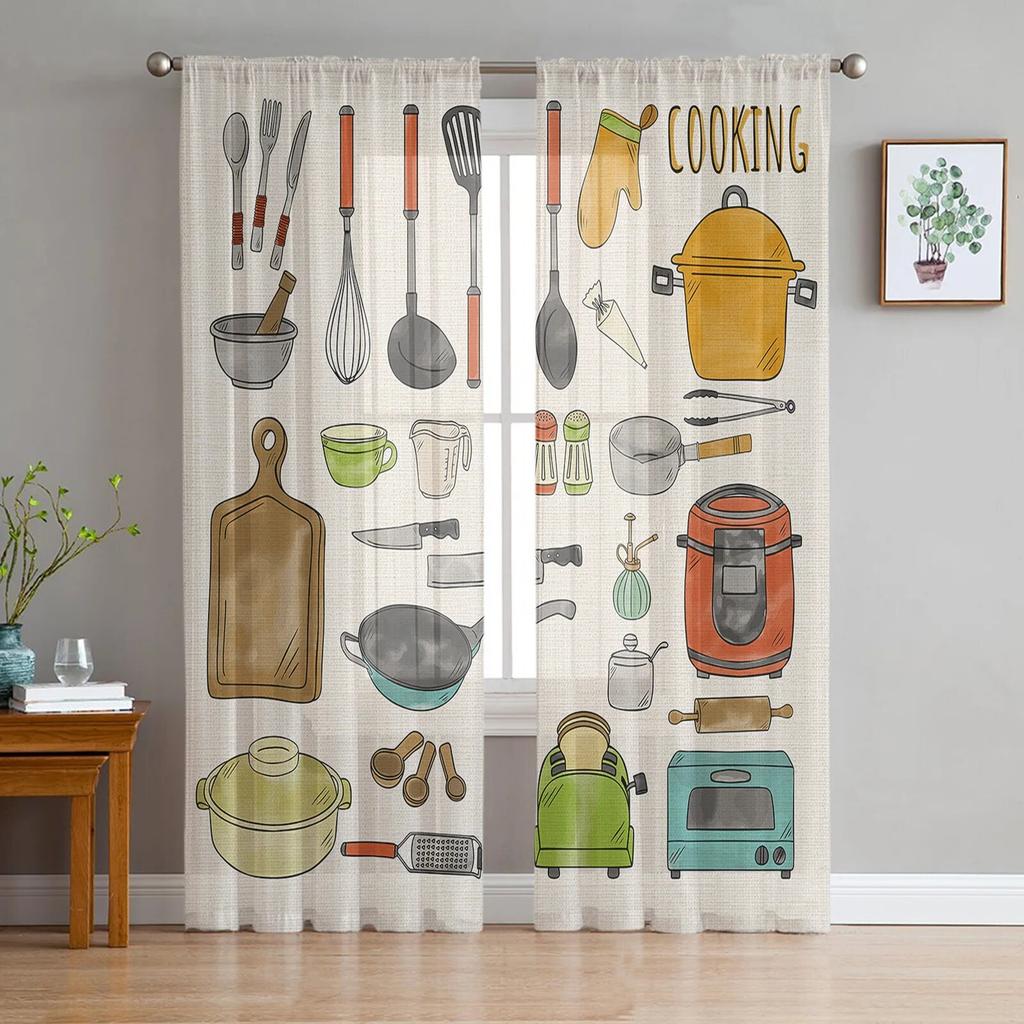 Kitchen Utensils Plaid Tulle Curtains For Living Room Chiffon Voile Sheer Window Curtain For Bedroom