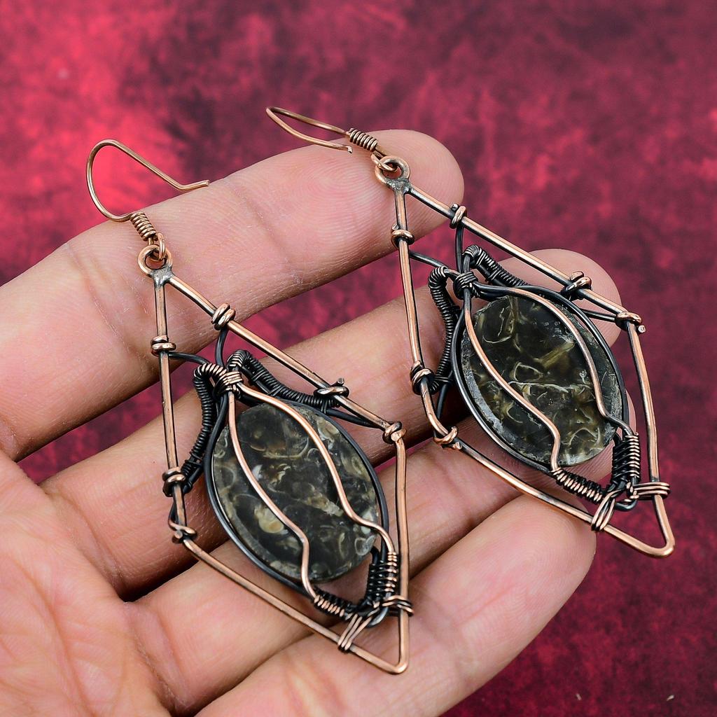 Turritella-Achat Ohrring Kupferdraht umwickelt Edelstein Schmuck Handgemachter Ohrring Kupferdraht-Wicklung Ohrring Geschenke für Mama Designer Schmuck