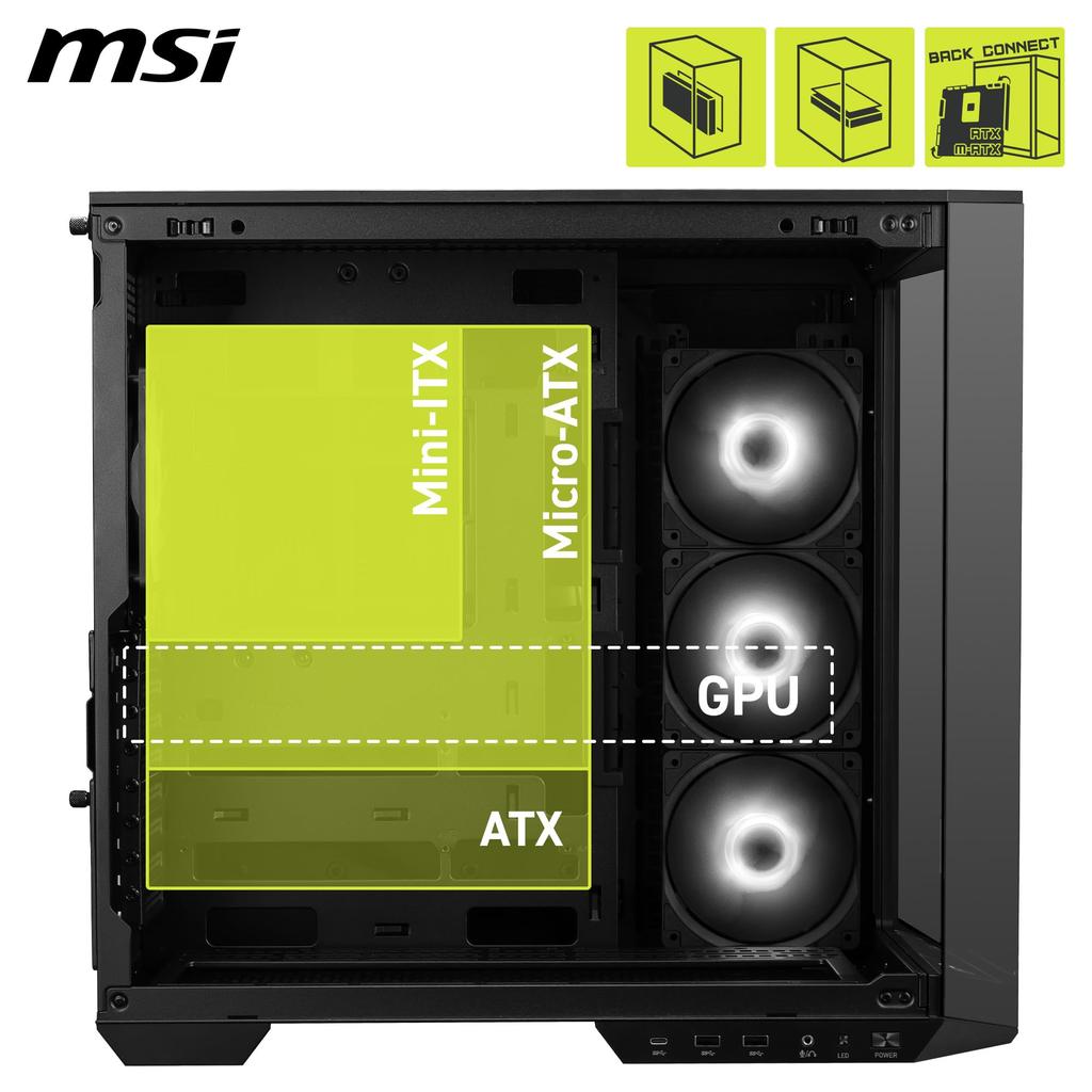 MSI MAG PANO 100R PZ PC Case, ATX Mid-Tower, Black, Pillarless Model, with 4 ARGB Fans, Tempered Glass Panel, Rear Connector Compatible (CS9191)