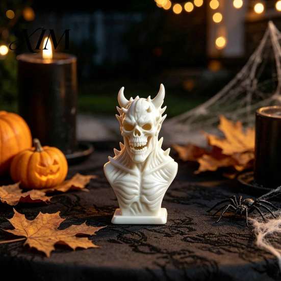 Spooky Theme Room Decoration 3D Printed Demon Skull Bust Statue, Gothic Horned Skeleton Personalized Gift for Him Figurine, Mini Desktop Ornament