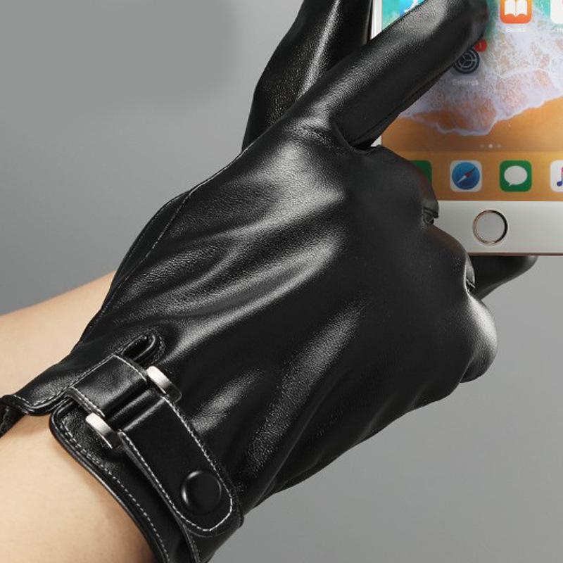 Touch screen leather gloves men's velvet button design imitation leather autumn and winter Korean version cycling driving gloves