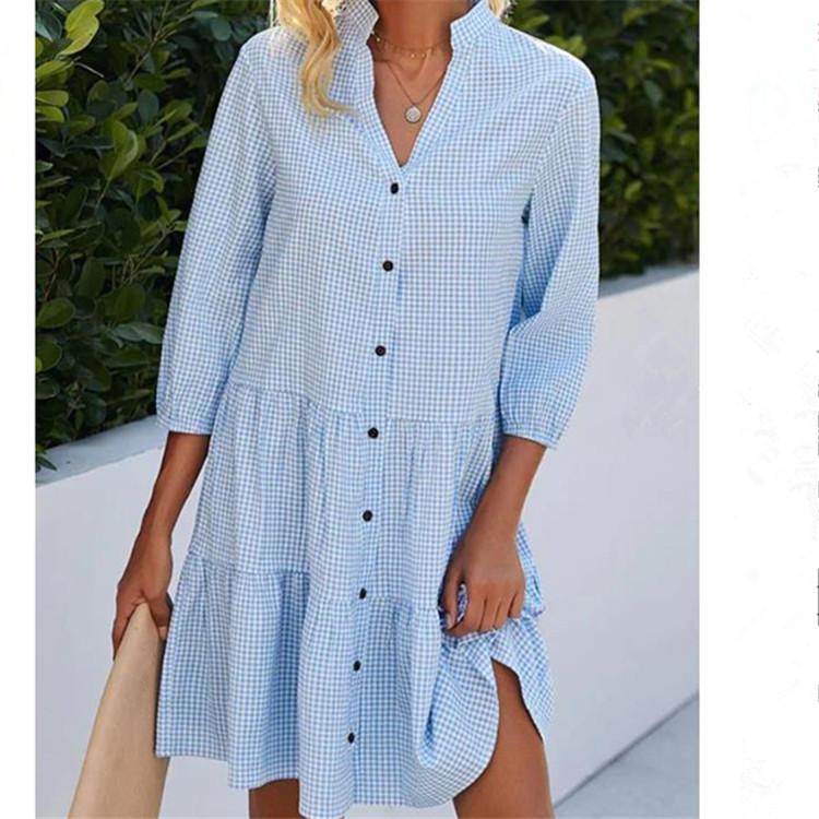 Women s Long Sleeve V-Neck Button Front Dress with Ruffled Hem In Pink/Blue Gingham S