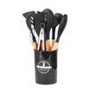 11-Piece Silicone Kitchen Utensil Set with Wooden Handles - Black & Khaki Storage Bucket Included