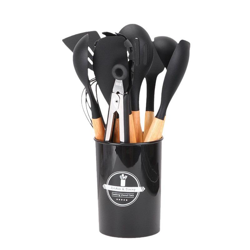 11-Piece Silicone Kitchen Utensil Set with Wooden Handles - Black & Khaki Storage Bucket Included