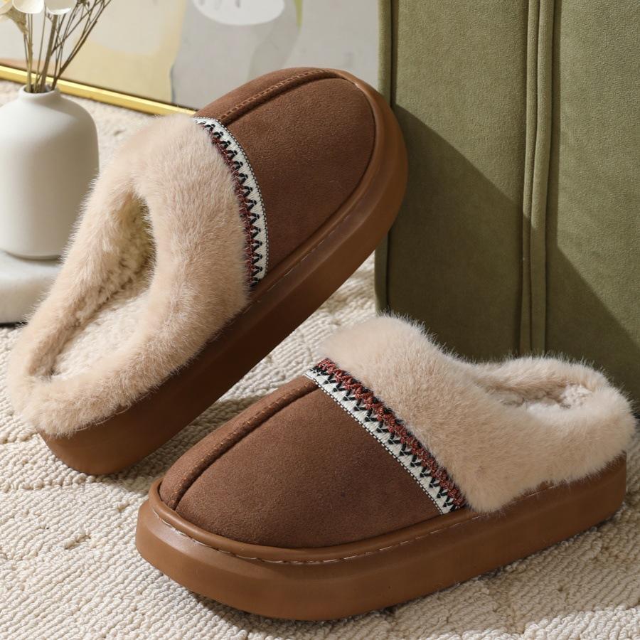 Fashion Crestar Fur Plush Women Slippers Indoor Warm Thick Soles Fluffy Female House Slippers Winter Fashion Non-slip Fuzzy Cotton Shoes