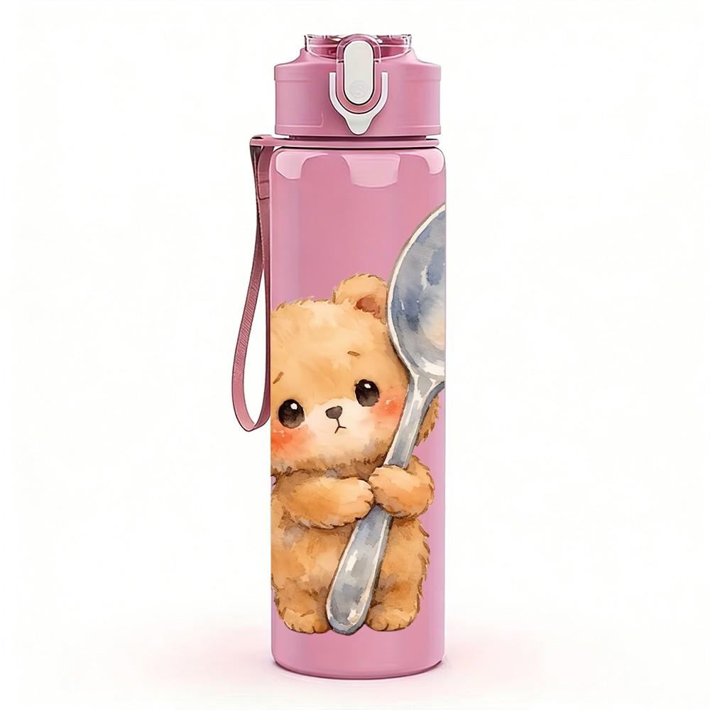 1PC Bear Holding Spoon Cute Cartoon Print 750ml Color Plastic Sports Water Bottle Leakproof Flip Straw Lid Suitable for Sports Office Home Use