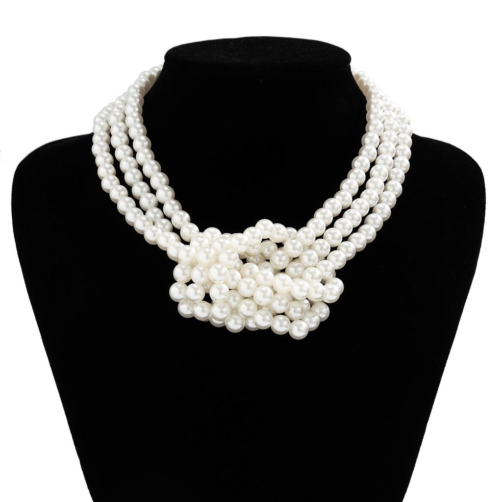 Style Fashion Retro Splicing Knotted Multi-Layer Imitation Pearl Necklace Women French Beaded Collarbone Chain Choker