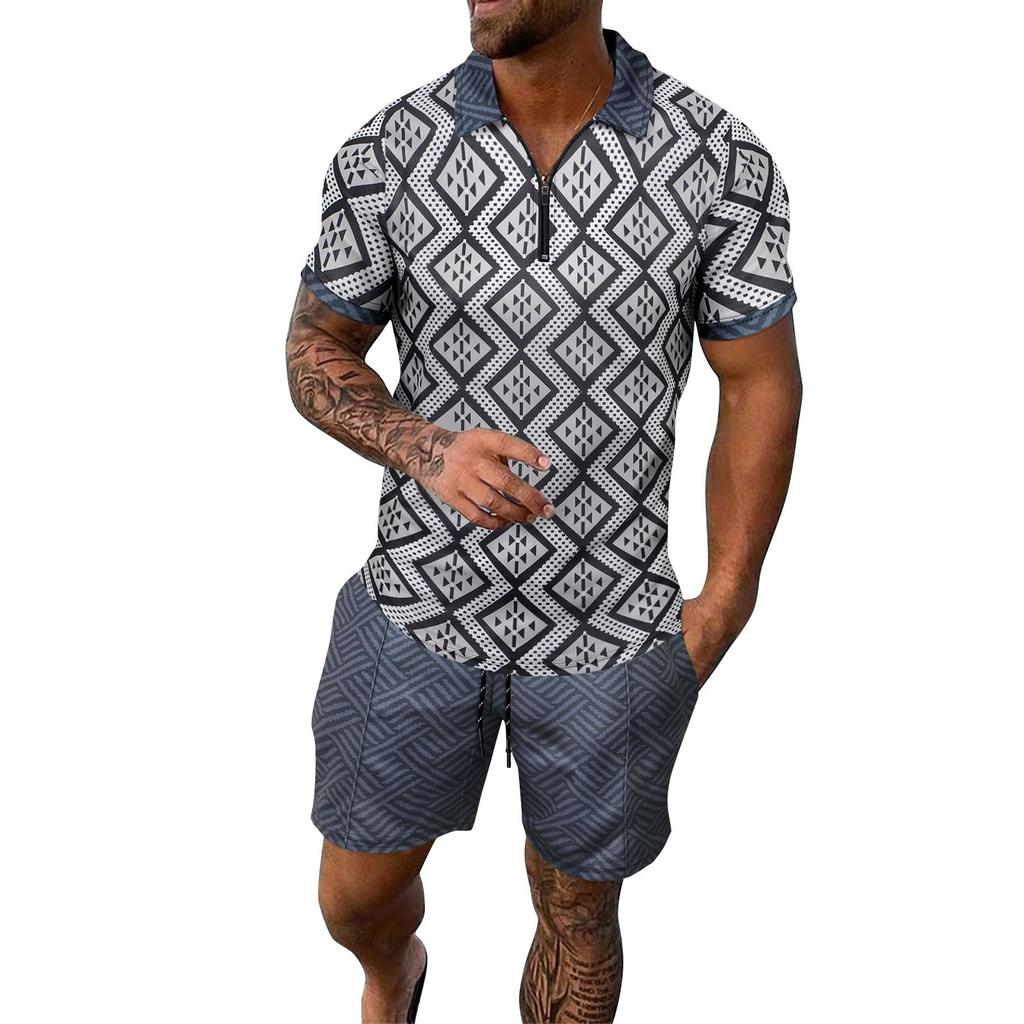 Men's Summer Printed Zipper Lapel Short Sleeve Top Shorts Suit Men's Casual Sports Suit