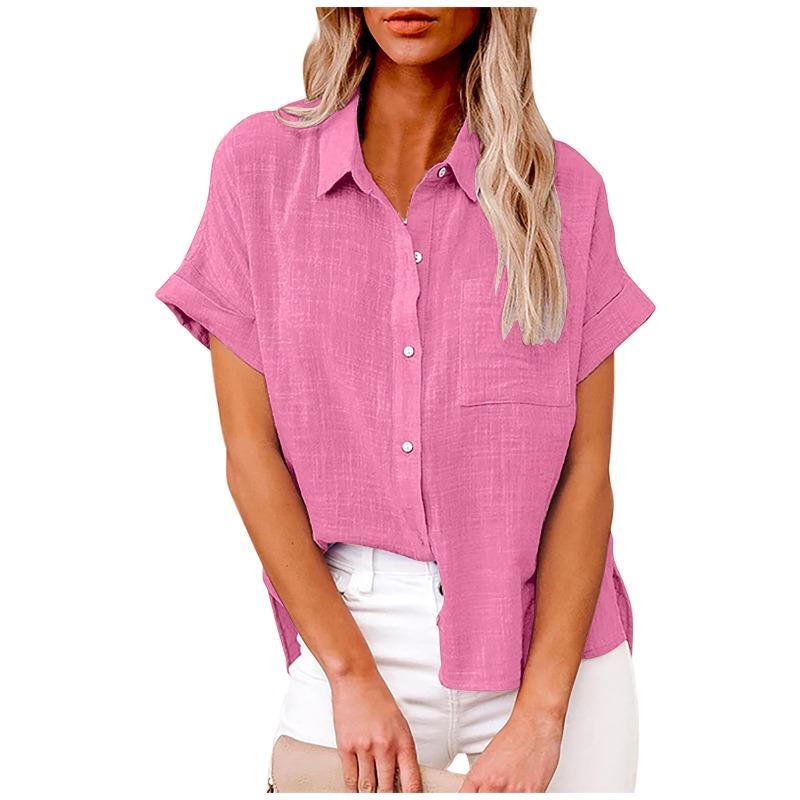 Fashion Short Sleeved Casual Women Summer Shirt Plus Size Elegant Lapel Casual Office Blouse Woman Loose Solid Color Women's Clothing