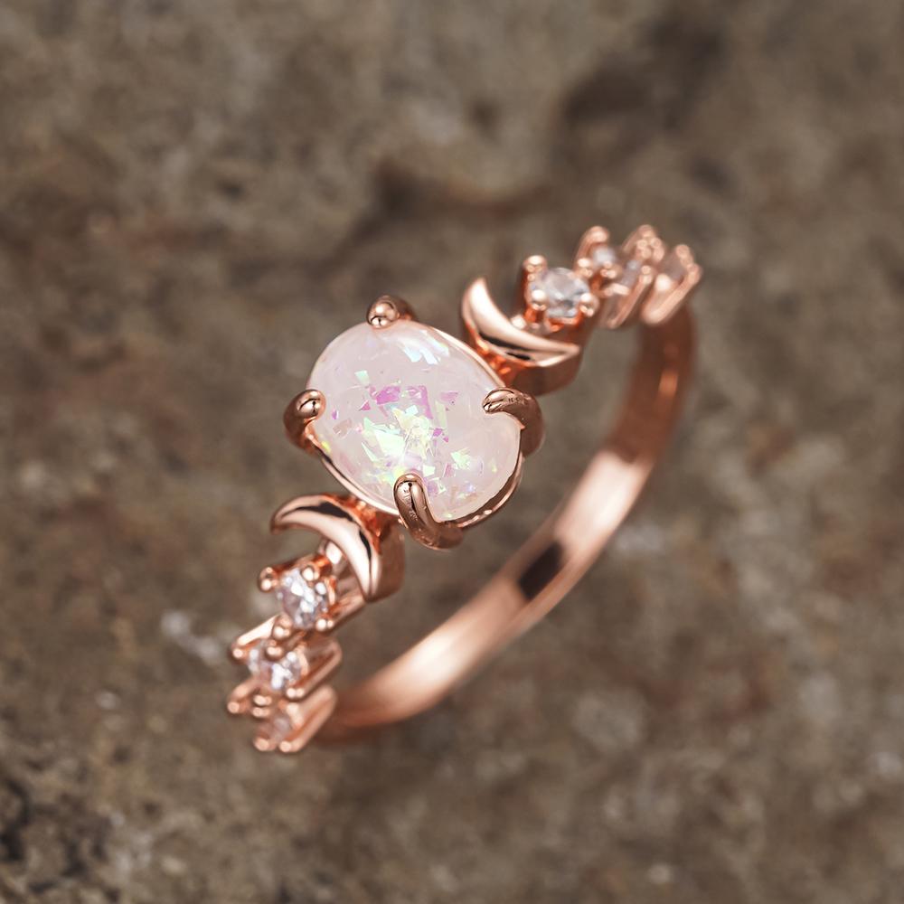 Huitan Chic Trendy Small Moon Ring Women Simulated Moonstone/Simulated Opal Engagement Jewelry Bridal Wedding Bands Jewelry