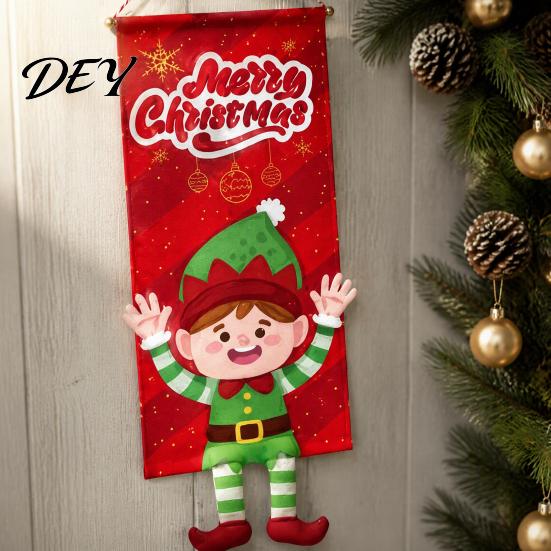 Christmas Hanging Banners Banner Decorations with Rope, Elf/Snowman/Gnome/Snowman Festive Flags for Doorway Foldable Holiday Door Sign Patio and Wall