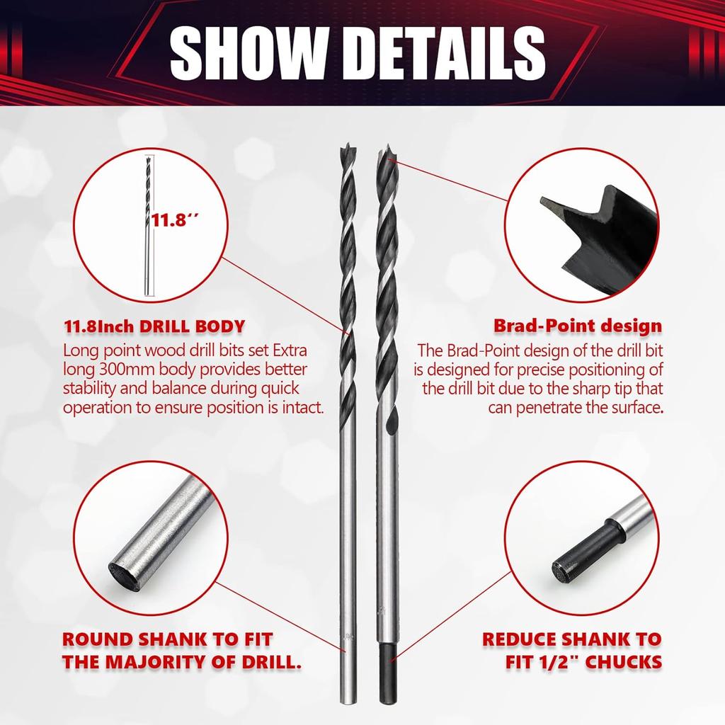 7 Pcs Extra Long Brad Point Drill Bit Set,12" 300mm Carbon Steel Wood Drill Bits Set,Fit for Bench Hand and Conventional Electric Drill