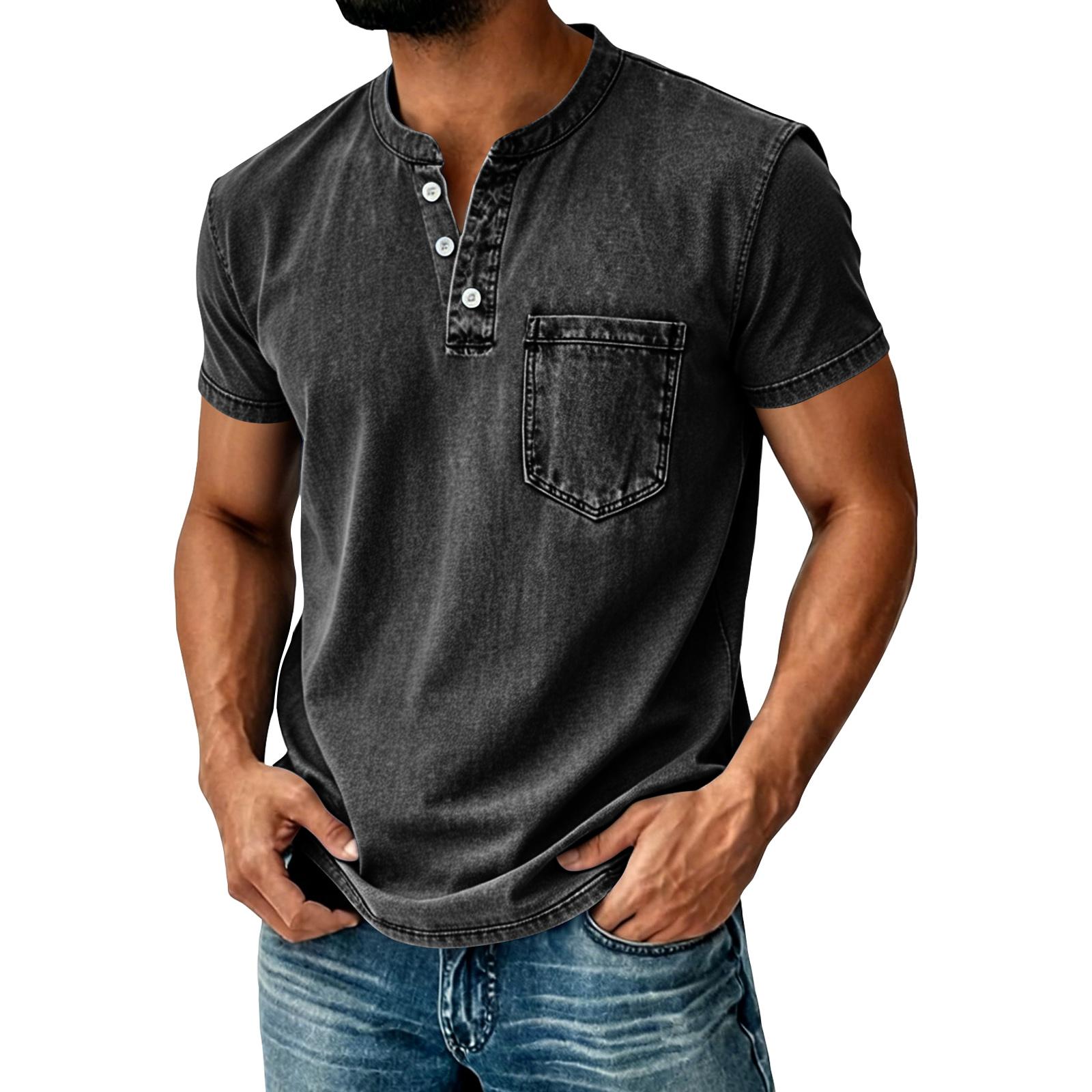 Men Short Sleeve Henley T Shirt with Chest Pocket Casual Fit Button Neckline Cotton Top XXL