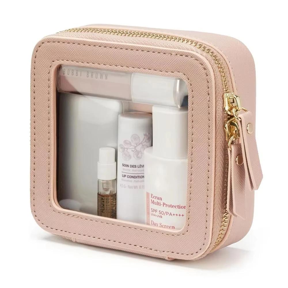

Mini Clear Makeup Bag Saffiano Vegan Faux Leather Cute Small Visible Window Storage Lipsticks Cosmetics Case for Purse Pouch рожевий
