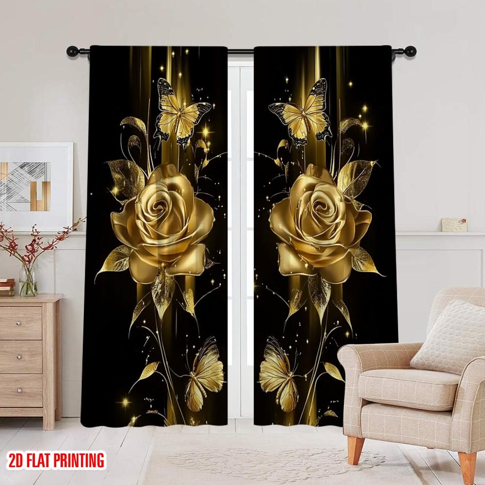 2Pcs 2D Flat PrintingLuxurious Rose Golden Floral And Butterfly Printed Curtain Suitable For Living Room Dining Room Kitchen