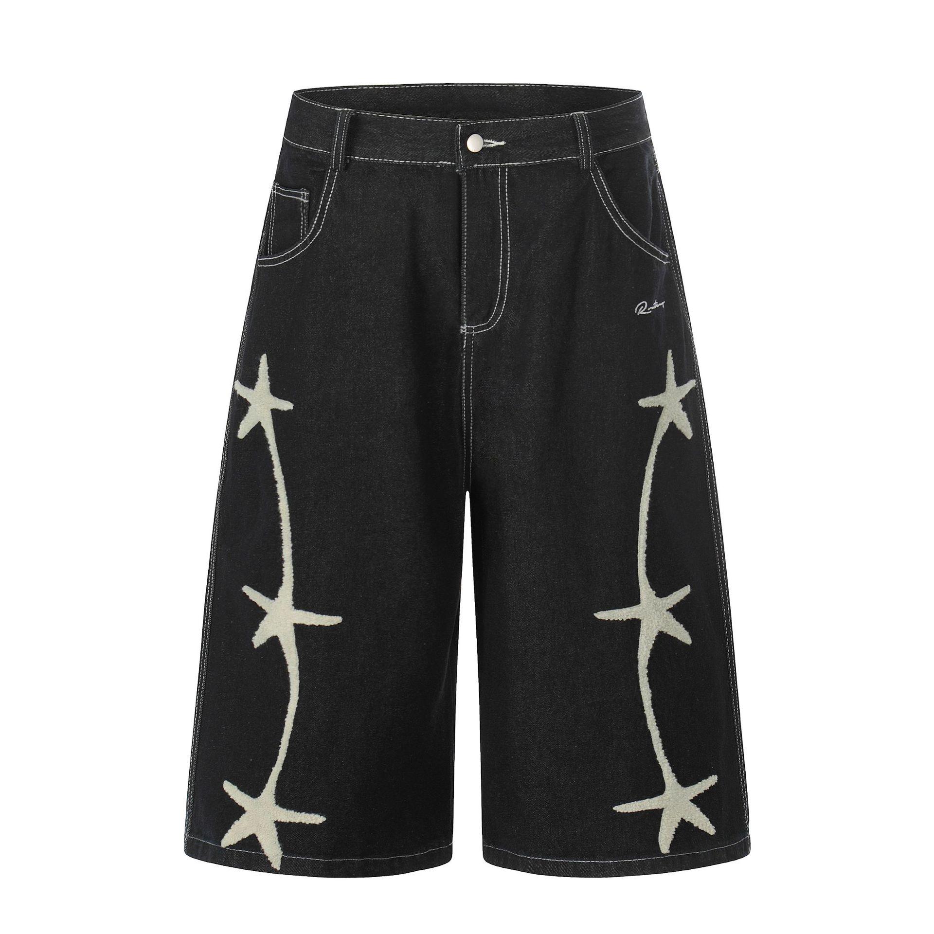 

2026 Vintage Star Print Wide-Leg Denim Pants – Trendy High Street Style for Men and Women S чёрный