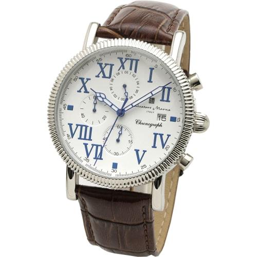 Salvatore Marra Men's Chronograph Watch with Leather Strap, Water Resistant to 5 ATM, White and Dark Brown, SM19109-SSWHDBR2