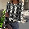 Women's Casual Neck Plaid Print Long Sleeve Ribbed Knit Top for Everyday Wear