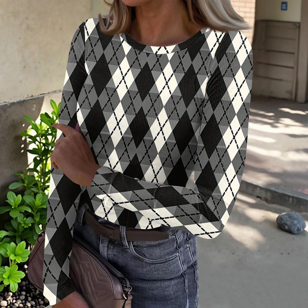 Women's Casual Neck Plaid Print Long Sleeve Ribbed Knit Top for Everyday Wear