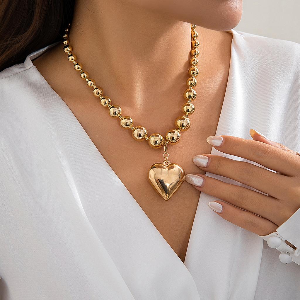 IngeSight.Z Punk Metal CCB Beaded Big Peach Heart Pendant Necklace for Women Vintage Gold Color Beaded Choker Necklace Party