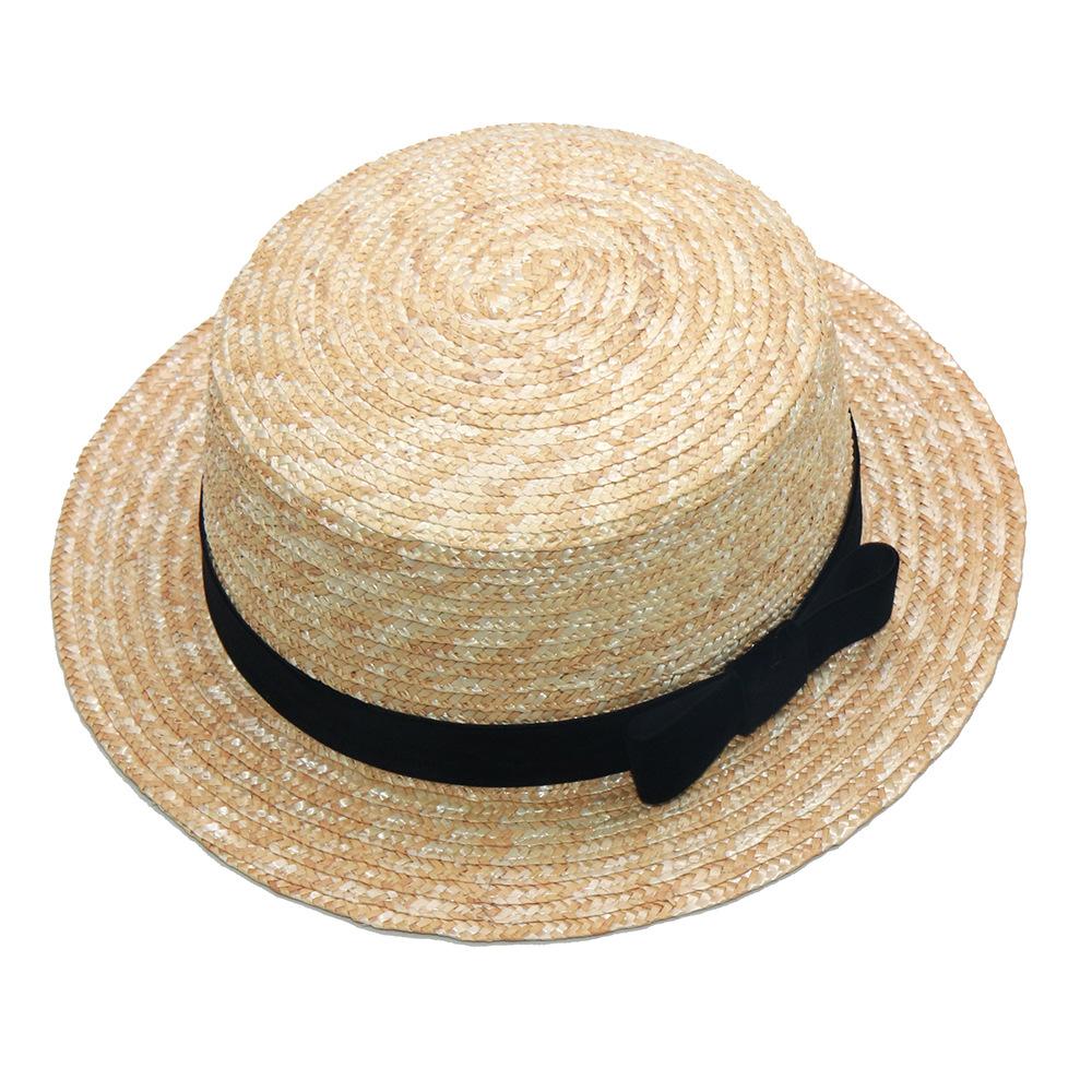 

Parent-Child Matching Sun Hat, Velvet Ribbon Flat Top Straw Hat for Kids & Adults, Fine Wheat Straw UV Protection Children 52-54cm чорний