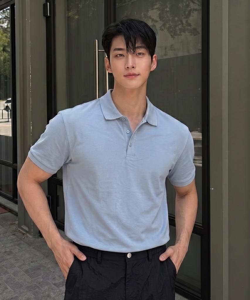 HERVINO Basic Cool Cotton Collared Short Sleeve Tee [Sky Blue] (Type B)