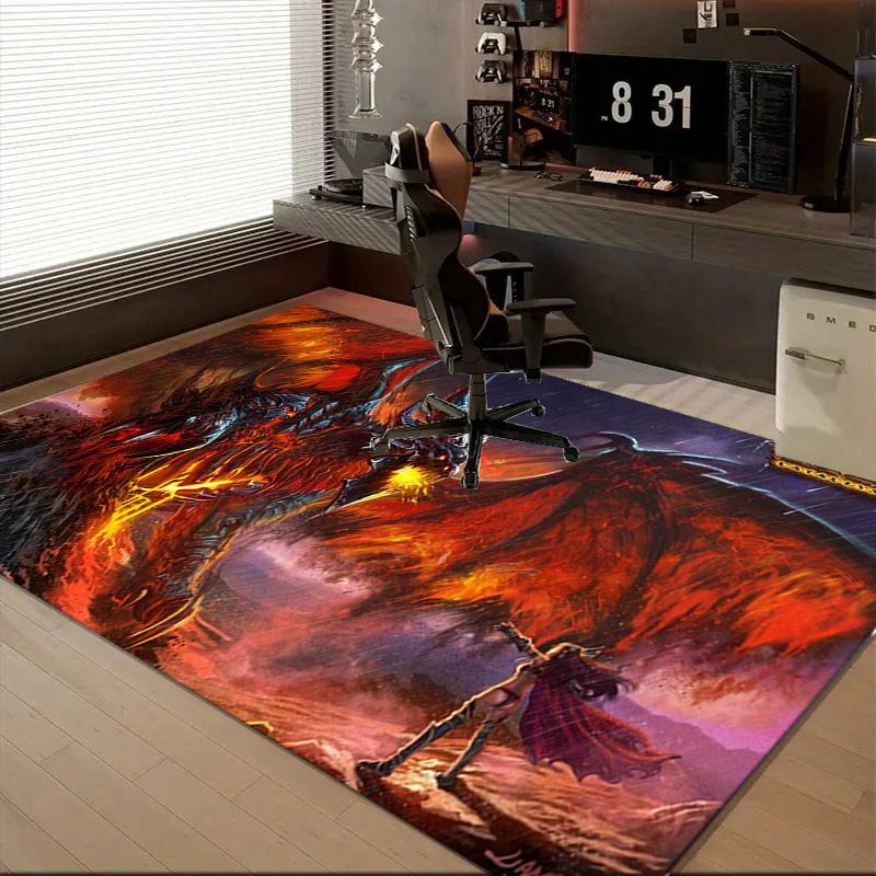1PC Dragon's Fiery Warcraft Game Floor Mat for Living Room, Game Rooms, Office, Bedroom, Office Floor Mat Playful Design, Christmas Fan Gifts