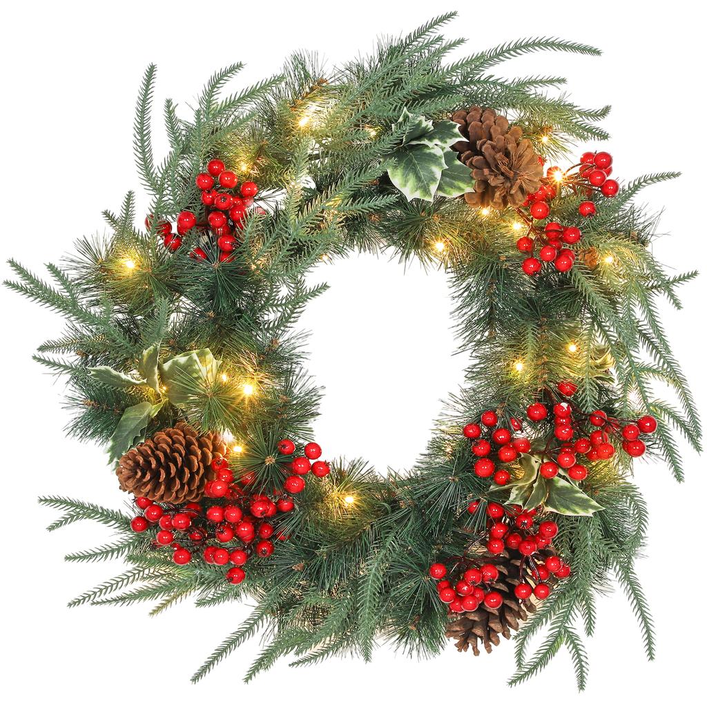 60 Cm Christmas Wreath with White LED Lights, Timer, Pine Cones, Berries and Holly, Green