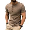 Men's Summer Hip Hop Streetwear Solid Color T-Shirts Bamboo-Handled Henry Collar Casual Button Short Sleeve Top Tees