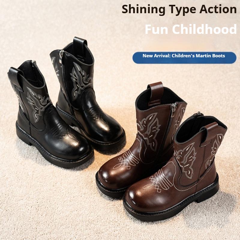 Retro Embroidered Western Cowboy Boots for Children, Fashionable Square Toe Ankle Boots, Knight Boots