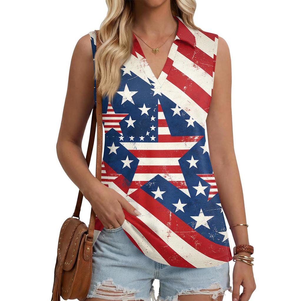 Women's Fashion Casual Button Sleeveless Independence Day Print V Neck Turn Down Collar Tank Top Summer Loose Fit Blouse