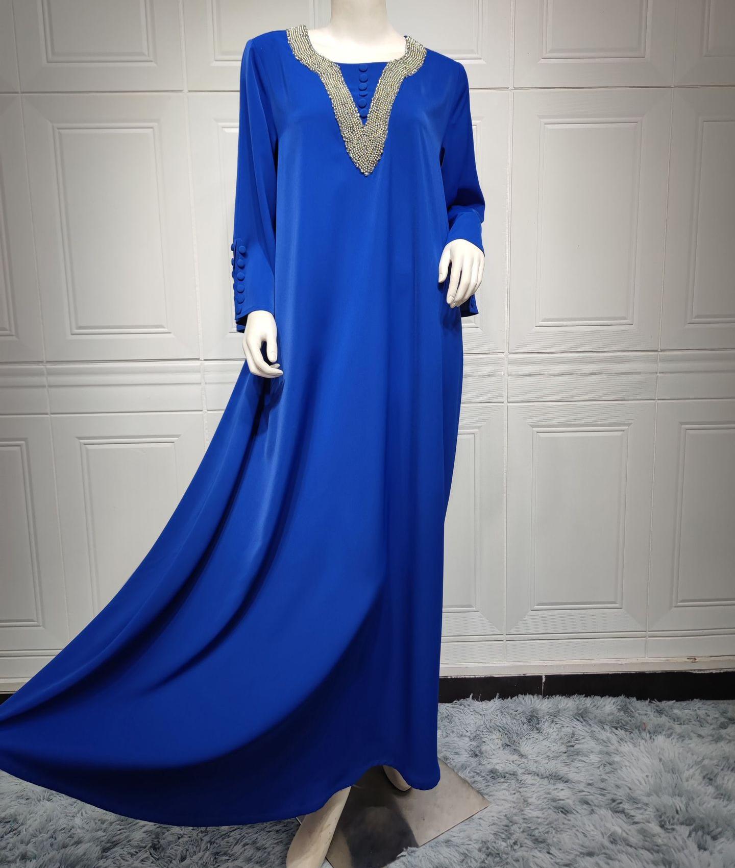 

Ближневосточная женская мода синего цвета с круглым вырезом и бисером, облегающее свободное мусульманское платье, Дубайский халат XXL синий