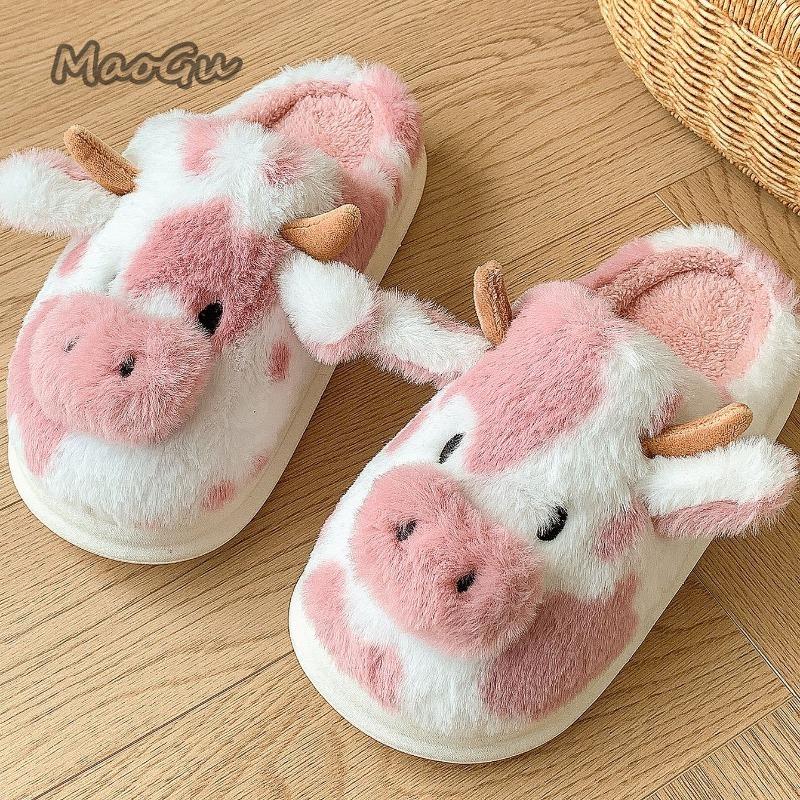 

Fashion Women s Winter Warm Cartoon Cow Slippers Cover Toe Non Slip Furry Home Shoes Women Indoor Bedroom Thick Sole Plush Slippers 36-37 розовый