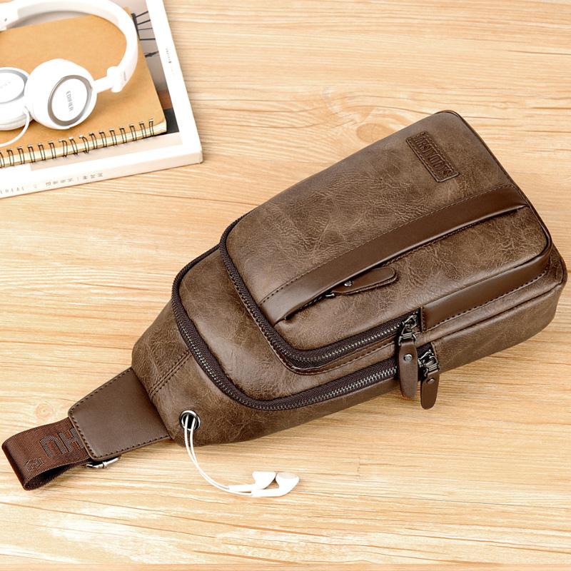 Men's Outdoor USB Chest Bag Crossbody Bag Retro PU Shoulder Bag