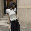 Contrast Embroidered Bow Crop Top Women Casual Striped Print Short Sleeve Slim White T Shirts Casual Streetwear Y2k Tees