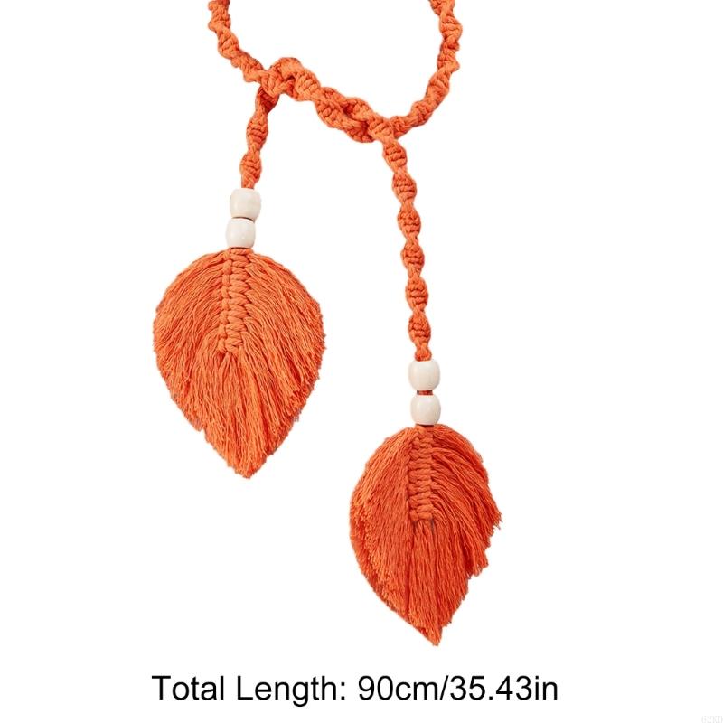 62KD 2Pcs Window Curtain Handknitted Tiebacks Bohemian Leaf Tassels Curtain Holdbacks with Wooden Beads for Drapes Tiebacks