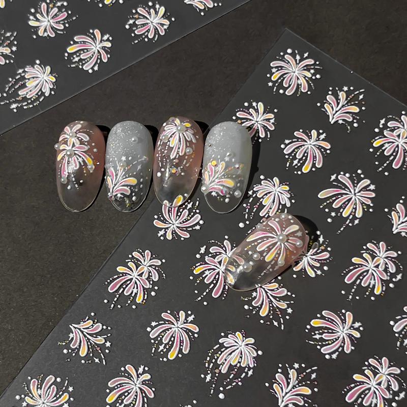Fireworks Nail Stickers Rainbow Laser Silver Pink Blooming Firework New Year Celebration Nail Art Decals Decoration
