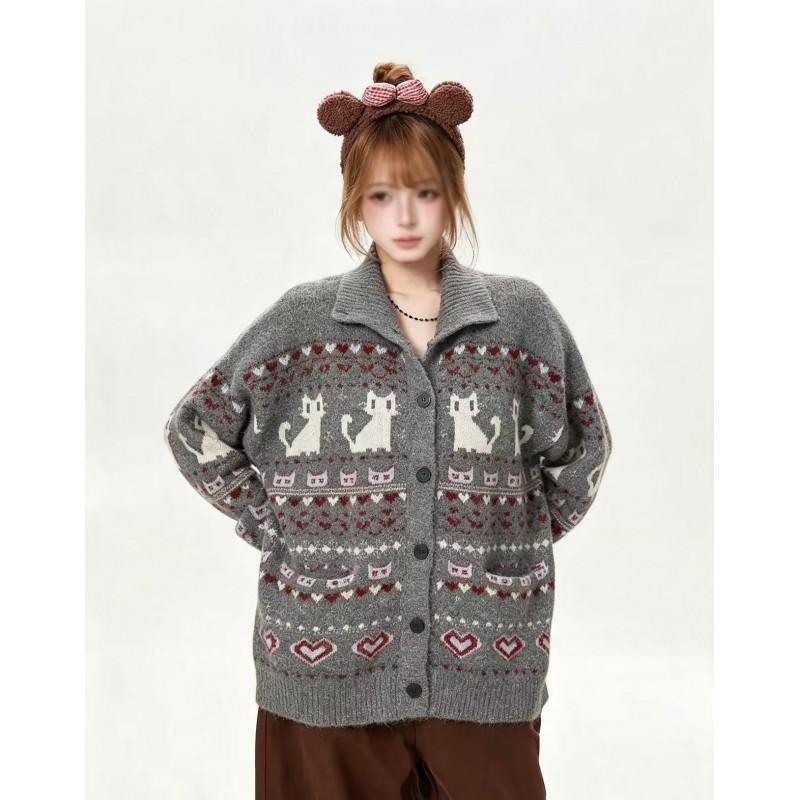 Unisex Retro Dzianinowy Kardigan Fair Isle z Kołnierzem Oversize Luźny Sweter z Mieszanki Wełny
