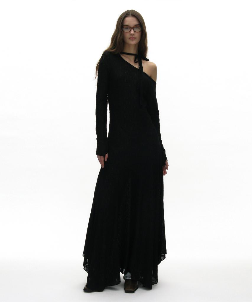 Partimento Woman Sheer Lace Tie-Neck Maxi Dress_Black