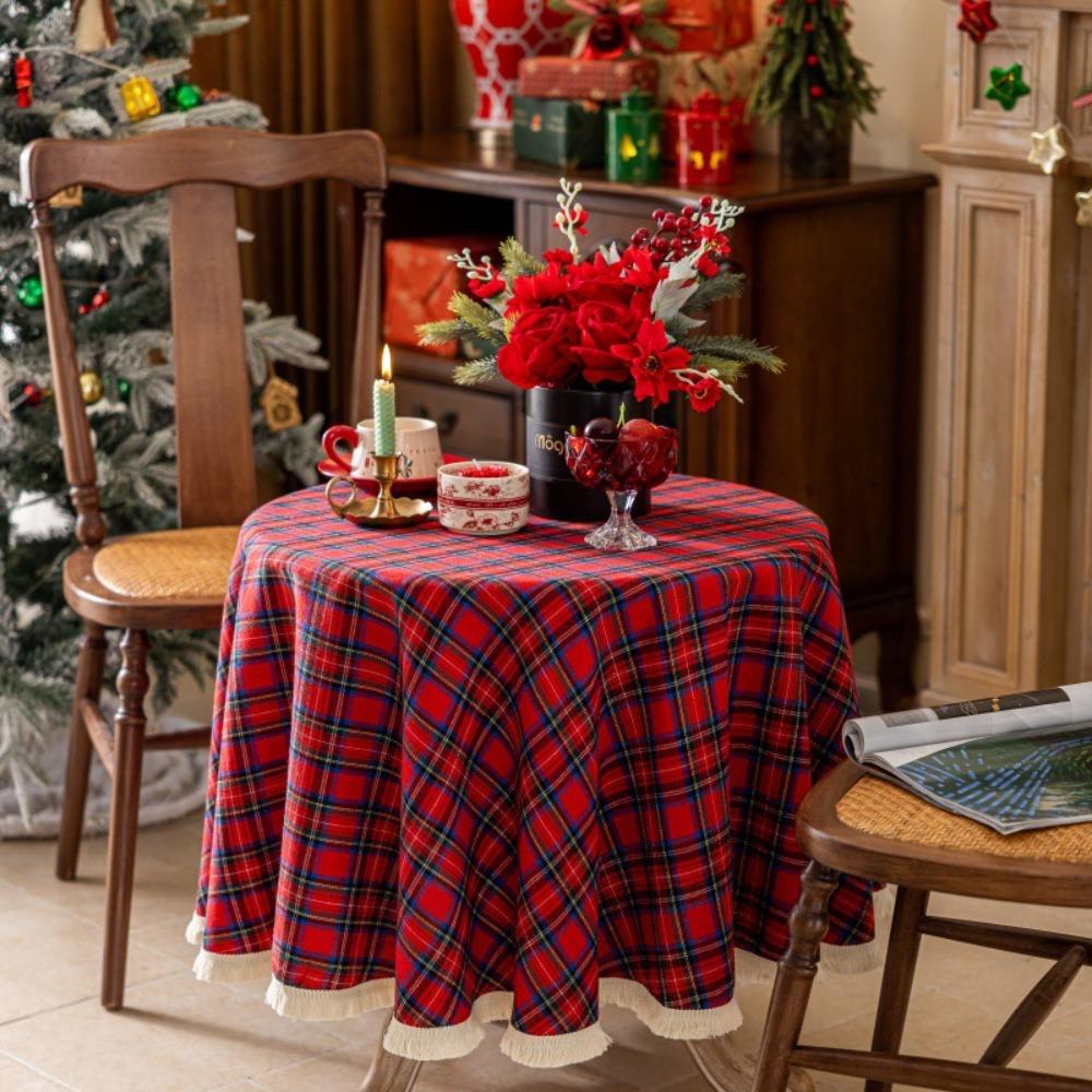 American Retro Christmas Plaid Tablecloth Round Rectangular Dining Tea Table Cover Holiday Decor