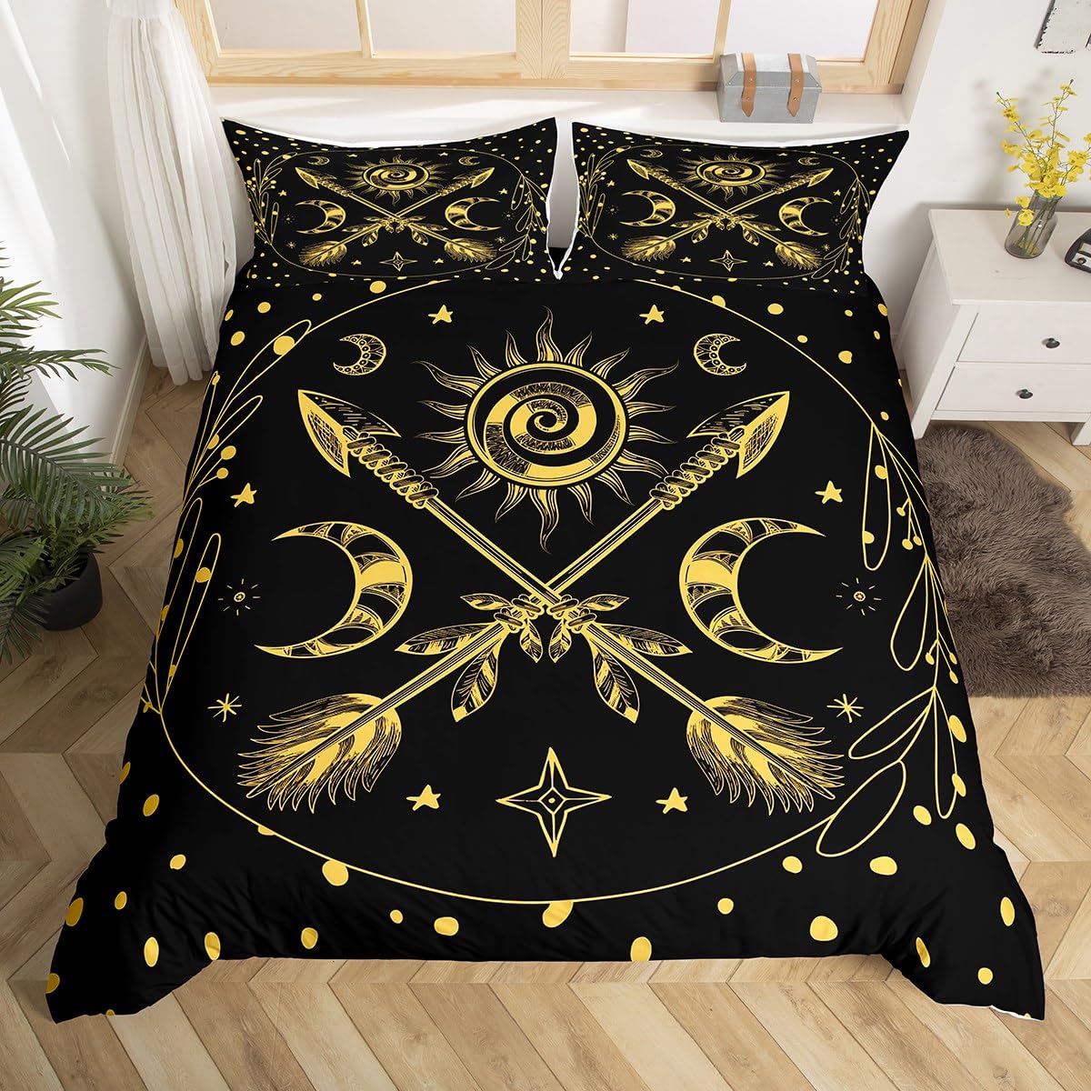 

Sun and Moon Duvet Cover Boho Mysterious Galaxy Comforter Cover Hippie Bohemian Gothic Bedding Set Twin Queen King Quilt Cover EU Single(135x200cm)