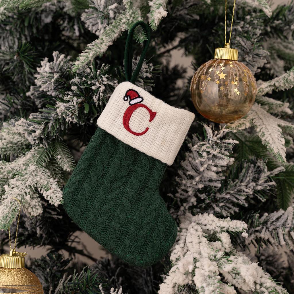 Haobei Green Knitted Christmas Stocking with Embroidered Lettering – Woolen Gift Bag Décor