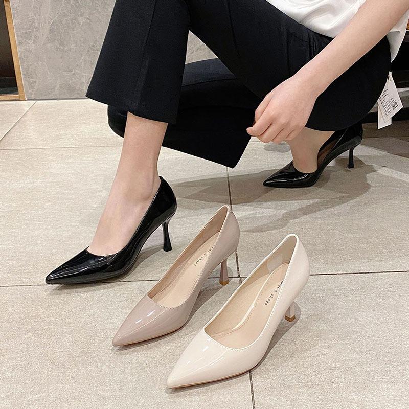 7-5 Simple solid color pointed thin heel high heels spring new high heel single shoes women
