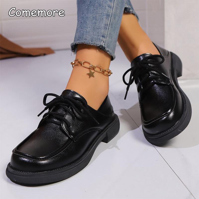 Fashion Fashion Pu Leather Loafers Women 2025 Non Slip Black Lace Up Mid Heel Pumps Square Toe Platform Casual Shoes Zapatos De Mujer