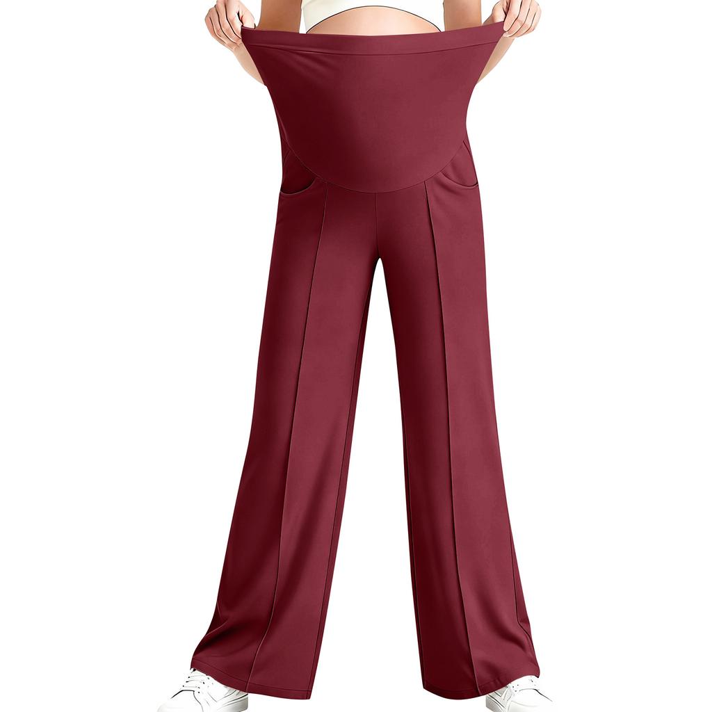 Pantaloni de yoga pentru maternitate, Cu buzunar pe burtă, Pantaloni elastici cu picior larg pentru lucru/casual, Pantaloni lounge pentru maternitate