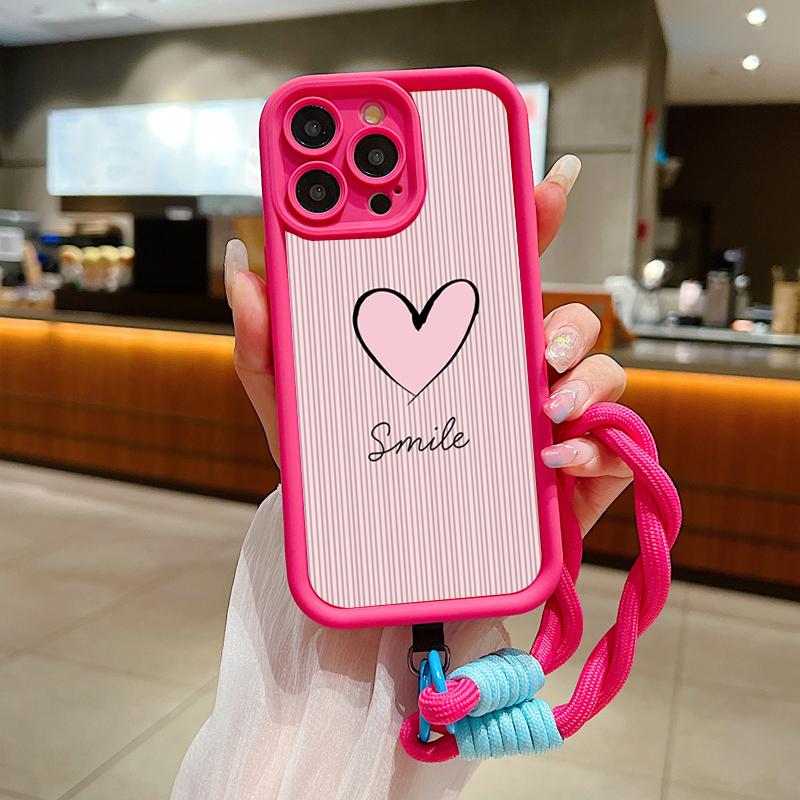 Fashion Smile Pink Love Heart Soft Lanyard Rope Phone Case For iPhone 15 14 13 12 11 16 Pro Max X XS XR 7 Plus Shockproof Cover